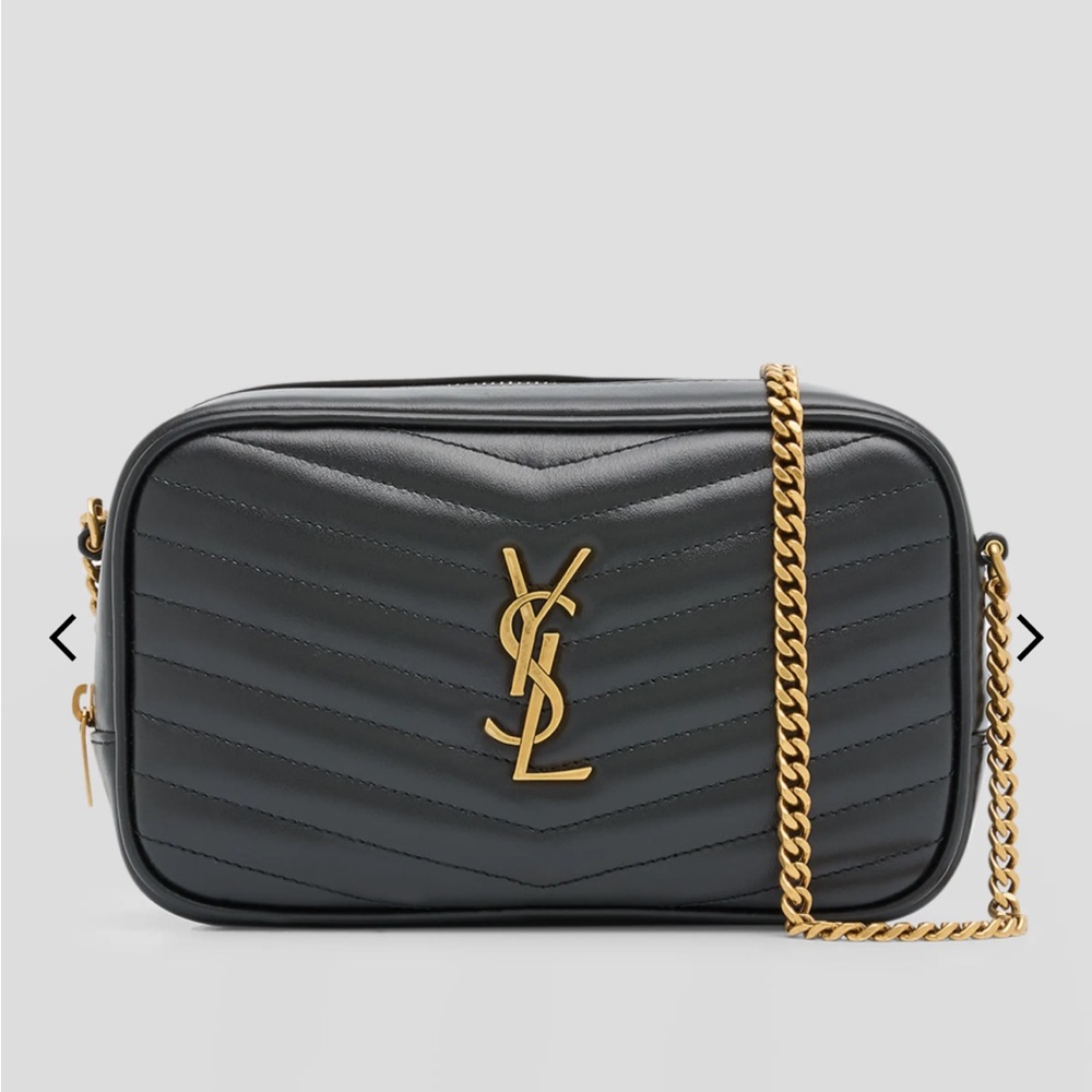 Yves Saint Laurent Black Chevron Crossbody Bag with Gold Chain
